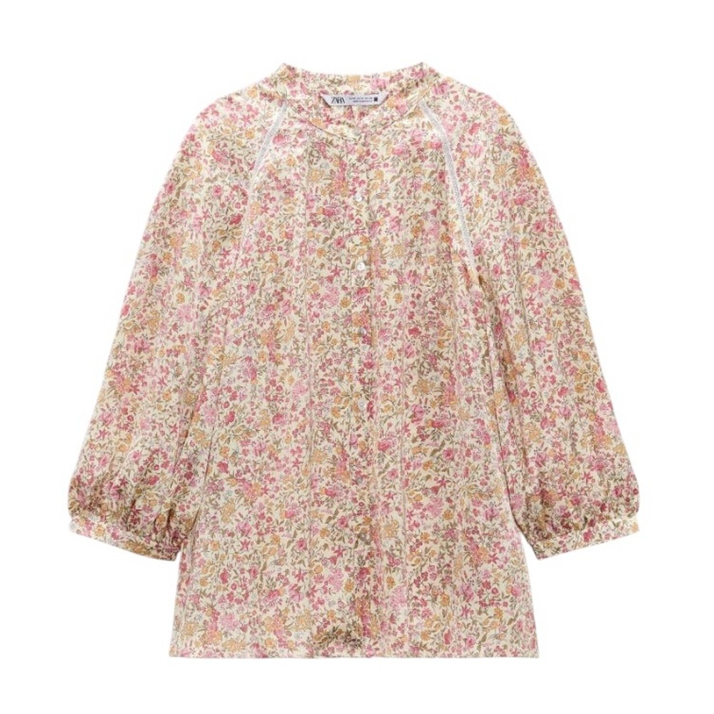 Zara Cream Pink Floral Print Satin 3/4 Puff Sleeve Lace Button Down Blouse - S